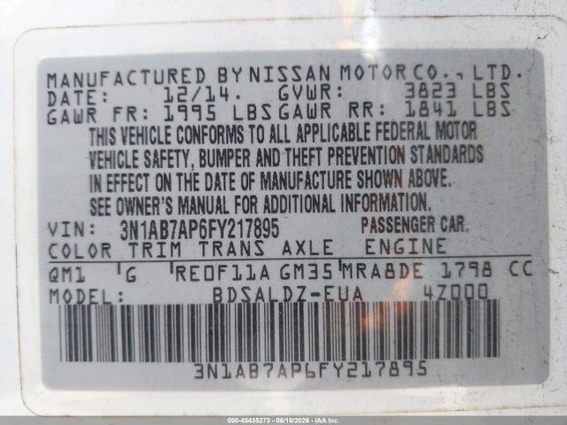 3N1AB7AP6FY217895 Nissan SENTRA SV