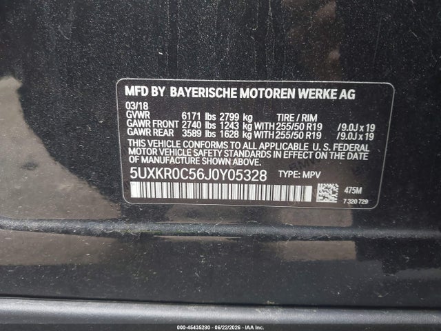 Aukcja sprzedaży 2018 Bmw X5 Xdrive35i, vin: 5UXKR0C56J0Y05328, numer aukcji: 45435280