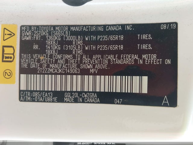 45435317 :رقم المزاد ، 2T2ZZMCA3KC149063 vin ، 2019 Lexus Rx 350 مزاد بيع