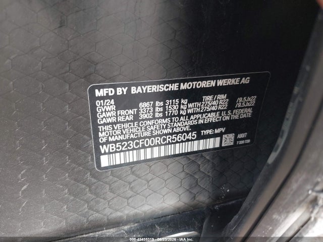 Aukcja sprzedaży 2024 Bmw Ix Xdrive50, vin: WB523CF00RCR56045, numer aukcji: 45435319