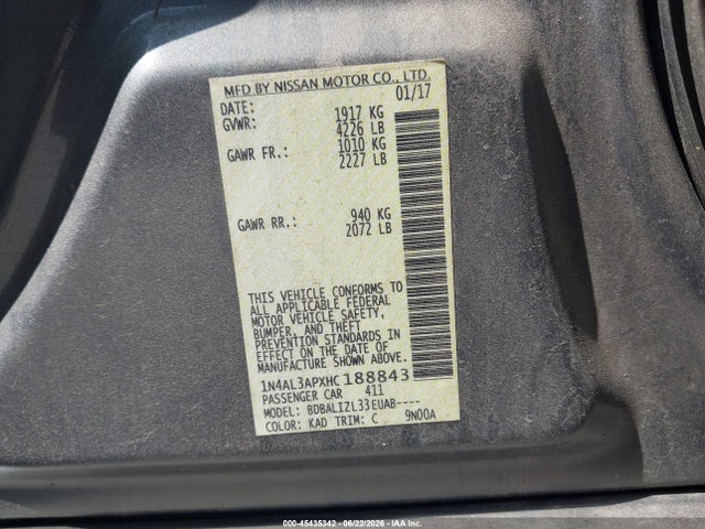 Aukcja sprzedaży 2017 Nissan Altima 2.5 Sv, vin: 1N4AL3APXHC188843, numer aukcji: 45435342