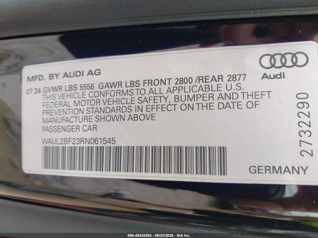 Aukcja sprzedaży 2024 Audi A6 Premium Plus 55 Tfsi Quattro S Tronic, vin: WAUL2BF23RN061545, numer aukcji: 45435363