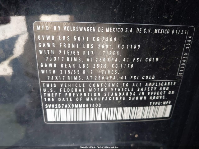 2021 Volkswagen Tiguan 2.0t Se/2.0t Se R-line Black/2.0t Sel მანქანა იყიდება აუქციონზე, vin: 3VV2B7AX9MM067403, აუქციონის ნომერი: 45435389