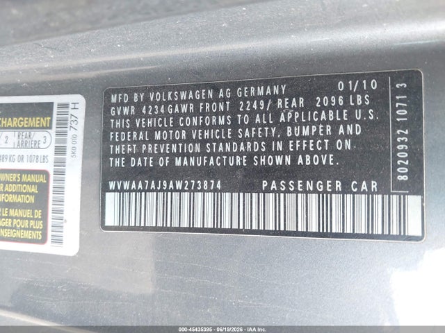 2010 Volkswagen Golf 2-door მანქანა იყიდება აუქციონზე, vin: WVWAA7AJ9AW273874, აუქციონის ნომერი: 45435395