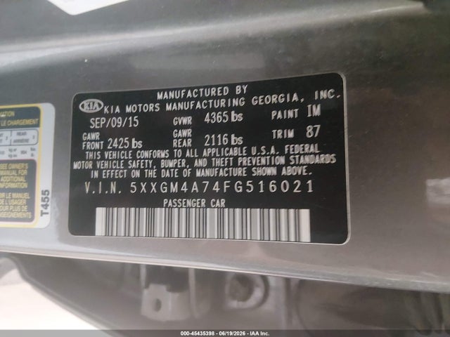 Auction sale of the 2015 Kia Optima Lx, vin: 5XXGM4A74FG516021, lot number: 45435398
