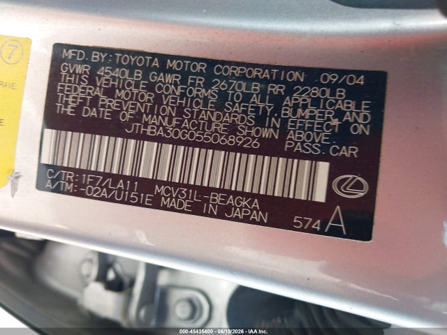 2005 Lexus Es 330 მანქანა იყიდება აუქციონზე, vin: JTHBA30G055068926, აუქციონის ნომერი: 45435400