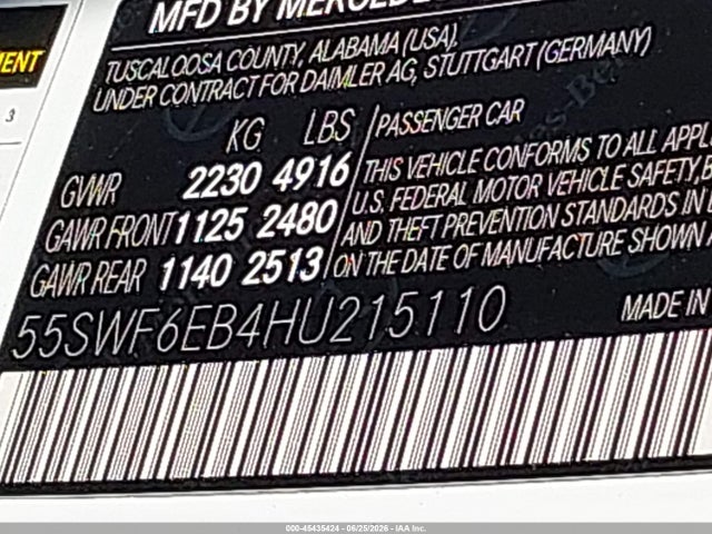 45435424 :رقم المزاد ، 55SWF6EB4HU215110 vin ، 2017 Mercedes-benz Amg C 43 4matic مزاد بيع