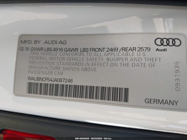 45435425 :رقم المزاد ، WAUBNCF54JA087246 vin ، 2018 Audi A5 2.0t Premium مزاد بيع