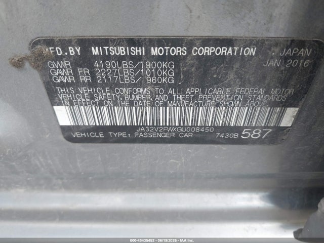 45435452 :رقم المزاد ، JA32V2FWXGU008450 vin ، 2016 Mitsubishi Lancer Es مزاد بيع