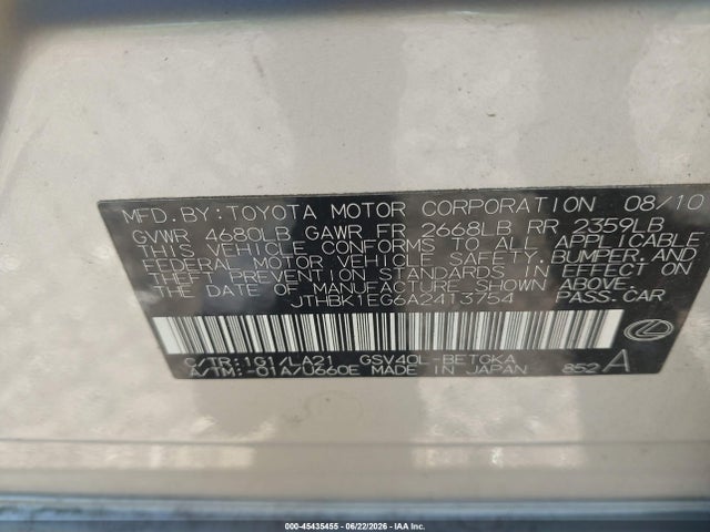 Aukcja sprzedaży 2010 Lexus Es 350, vin: JTHBK1EG6A2413754, numer aukcji: 45435455