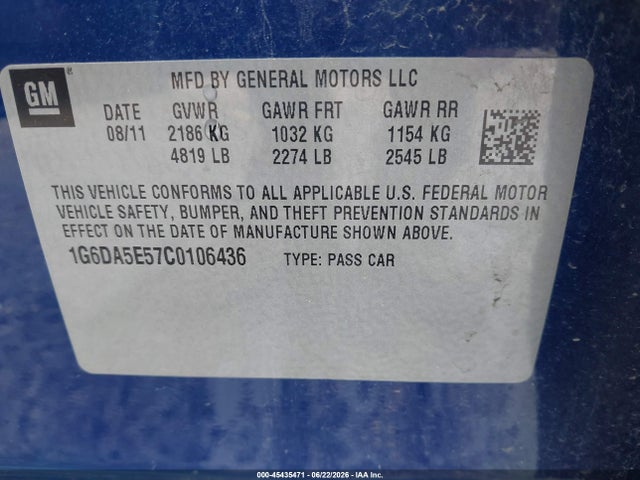 45435471 :رقم المزاد ، 1G6DA5E57C0106436 vin ، 2012 Cadillac Cts Standard مزاد بيع
