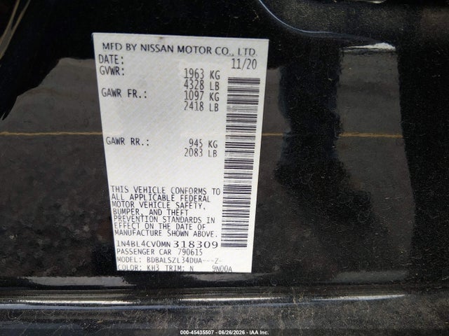 Aukcja sprzedaży 2021 Nissan Altima Sr Fwd, vin: 1N4BL4CV0MN318309, numer aukcji: 45435507