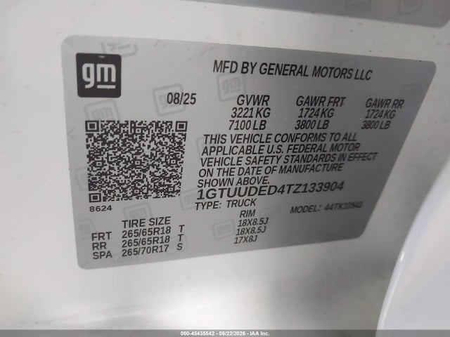 45435542 :رقم المزاد ، 1GTUUDED4TZ133904 vin ، 2026 Gmc Sierra 1500 , Short Bed, Slt, 4wd مزاد بيع