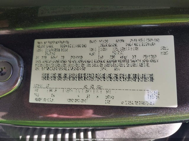 2020 Ford Escape Sel მანქანა იყიდება აუქციონზე, vin: 1FMCU9H69LUA86156, აუქციონის ნომერი: 45435551