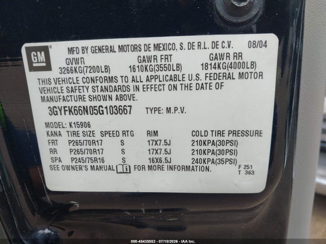2005 Cadillac Escalade Esv Standard მანქანა იყიდება აუქციონზე, vin: 3GYFK66N05G103667, აუქციონის ნომერი: 45435552