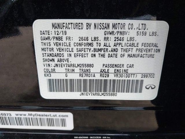 45435568 :رقم المزاد ، JN1EV7AR6LM255880 vin ، 2020 Infiniti Q50 Luxe Awd مزاد بيع