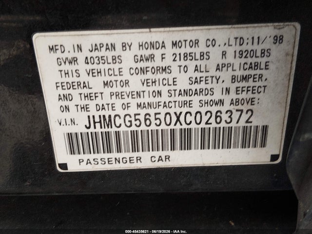 1999 Honda Accord Ex მანქანა იყიდება აუქციონზე, vin: JHMCG5650XC026372, აუქციონის ნომერი: 45435621