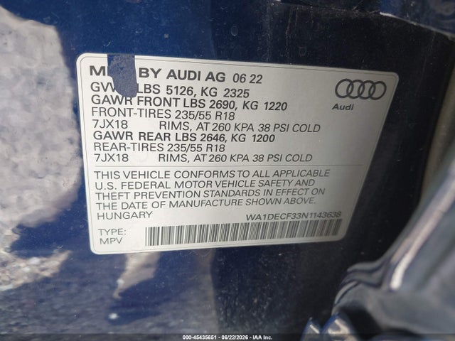 Aukcja sprzedaży 2022 Audi Q3 Premium 45 Tfsi S Line Quattro Tiptronic, vin: WA1DECF33N1143638, numer aukcji: 45435651