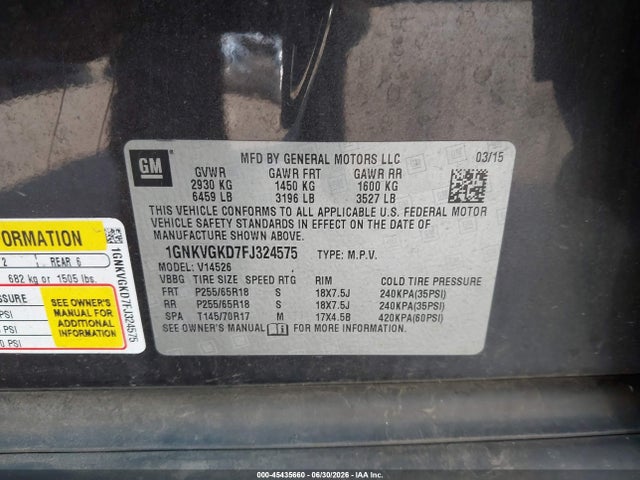 2015 Chevrolet Traverse 1lt მანქანა იყიდება აუქციონზე, vin: 1GNKVGKD7FJ324575, აუქციონის ნომერი: 45435660