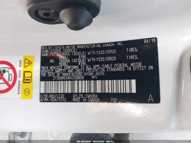 45435667 :رقم المزاد ، 2T2BGMCAXKC038856 vin ، 2019 Lexus Rx 450h F Sport مزاد بيع
