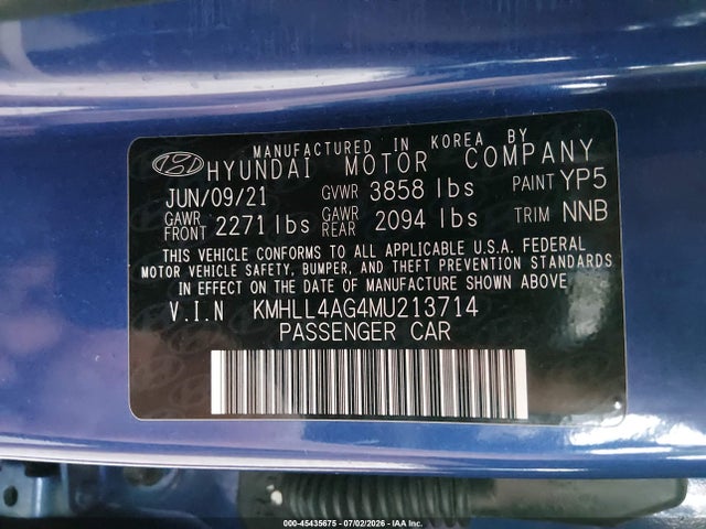 KMHLL4AG4MU213714 Hyundai ELANTRA SE