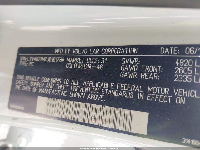 Aukcja sprzedaży 2018 Volvo S60 Inscription T5 Platinum, vin: LYV402TM7JB161784, numer aukcji: 45435687