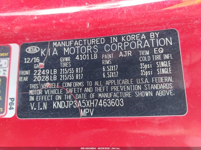 45435694 :رقم المزاد ، KNDJP3A5XH7463603 vin ، 2017 Kia Soul + مزاد بيع