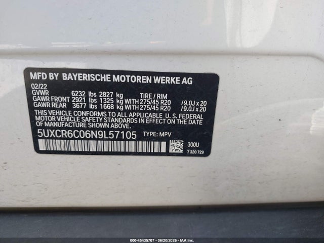 45435707 :رقم المزاد ، 5UXCR6C06N9L57105 vin ، 2022 Bmw X5 Xdrive40i مزاد بيع