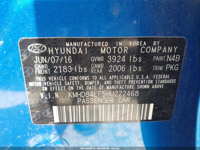 Продаж на аукціоні авто 2017 Hyundai Elantra Se, vin: KMHD84LF5HU222468, номер лоту: 45435712