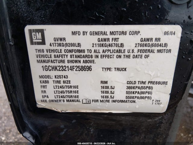 Продажа на аукционе авто 2004 Chevrolet Silverado 2500hd Lt, vin: 1GCHK23214F258696, номер лота: 45435715