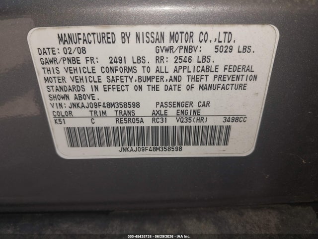 Продаж на аукціоні авто 2008 Infiniti Ex35 Journey, vin: JNKAJ09F48M358598, номер лоту: 45435738