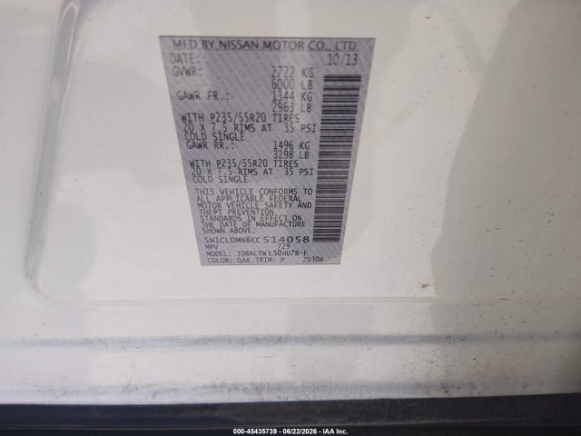 2014 Infiniti Qx60 Hybrid მანქანა იყიდება აუქციონზე, vin: 5N1CL0MN8EC514058, აუქციონის ნომერი: 45435739