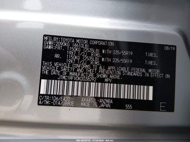 Aukcja sprzedaży 2019 Toyota Rav4 Xle Premium, vin: JTMC1RFV0KD038292, numer aukcji: 45435752