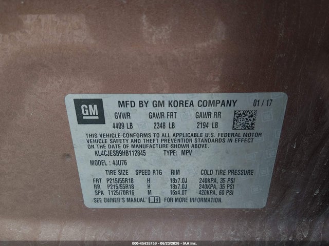Aukcja sprzedaży 2017 Buick Encore Preferred, vin: KL4CJESB9HB112845, numer aukcji: 45435759