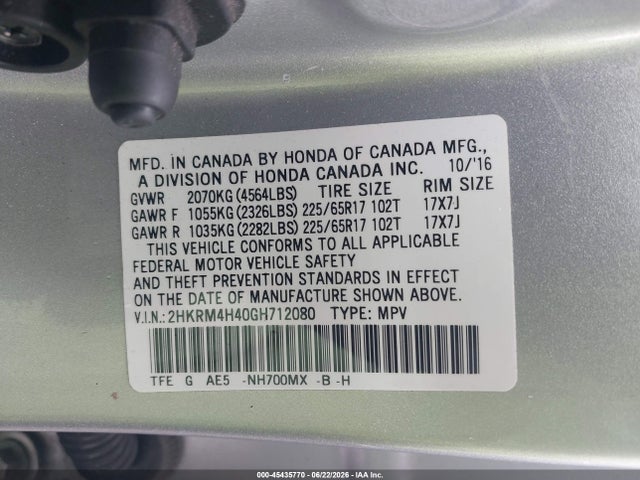 Auction sale of the 2016 Honda Cr-v Se, vin: 2HKRM4H40GH712080, lot number: 45435770