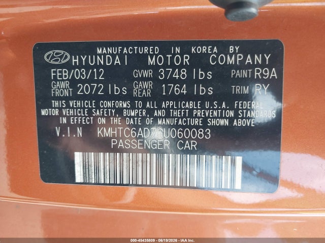 45435809 :رقم المزاد ، KMHTC6AD7CU060083 vin ، 2012 Hyundai Veloster Base W/black مزاد بيع