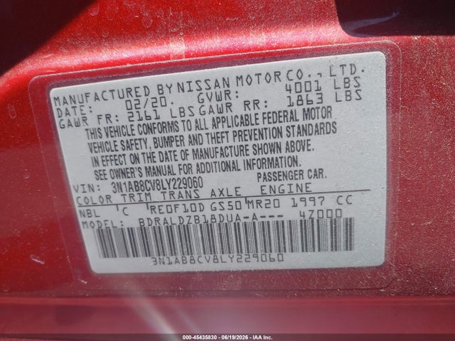 2020 Nissan Sentra Sv Xtronic Cvt მანქანა იყიდება აუქციონზე, vin: 3N1AB8CV8LY229060, აუქციონის ნომერი: 45435830
