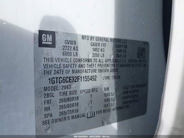 Aukcja sprzedaży 2015 Gmc Canyon 4wd Slt, vin: 1GTG6CE32F1155492, numer aukcji: 45435834