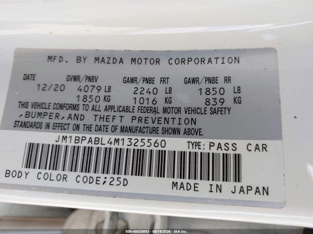 Aukcja sprzedaży 2021 Mazda Mazda3 Select, vin: JM1BPABL4M1325560, numer aukcji: 45435853