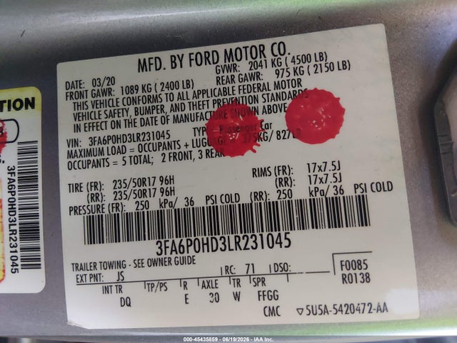 Ford FUSION SE 2020 3FA6P0HD3LR231045 Image 9