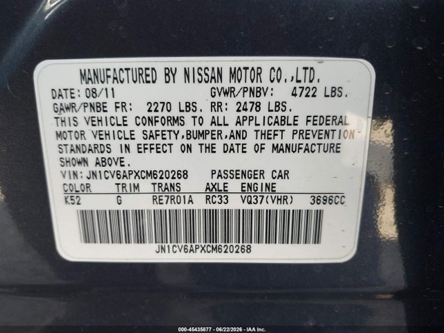 Продажа на аукционе авто 2012 Infiniti G37 Journey, vin: JN1CV6APXCM620268, номер лота: 45435877