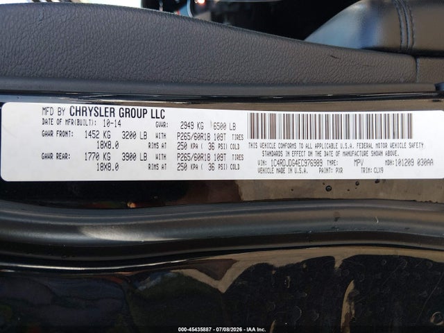 2014 Dodge Durango Limited მანქანა იყიდება აუქციონზე, vin: 1C4RDJDG4EC976989, აუქციონის ნომერი: 45435887