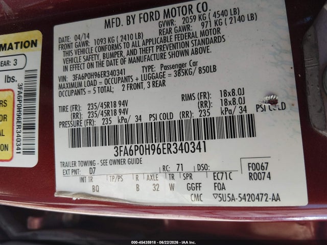 Ford FUSION SE 2014 3FA6P0H96ER340341 Image 9