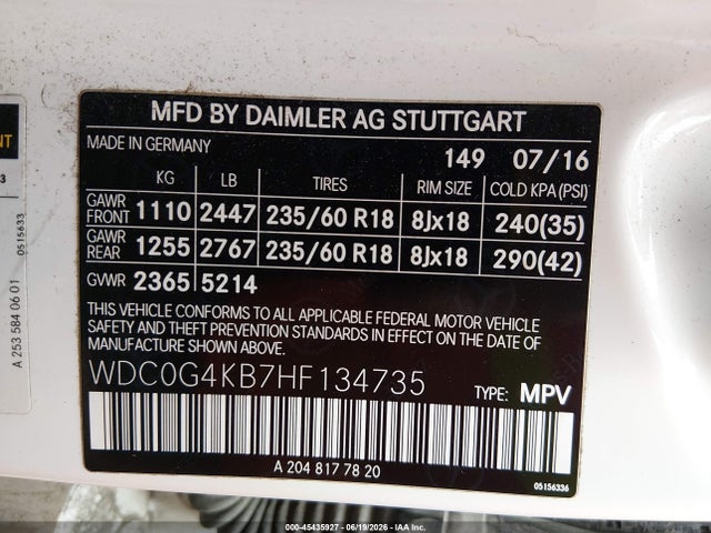 45435927 :رقم المزاد ، WDC0G4KB7HF134735 vin ، 2017 Mercedes-benz Glc 300 4matic مزاد بيع