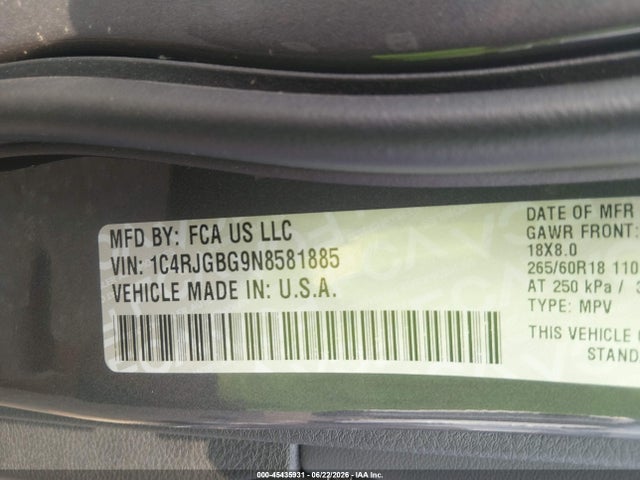 2022 Jeep Grand Cherokee Limited 4x2 მანქანა იყიდება აუქციონზე, vin: 1C4RJGBG9N8581885, აუქციონის ნომერი: 45435931