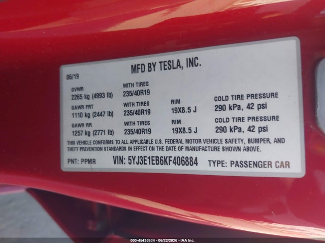 Aukcja sprzedaży 2019 Tesla Model 3 Long Range/performance, vin: 5YJ3E1EB6KF406884, numer aukcji: 45435934