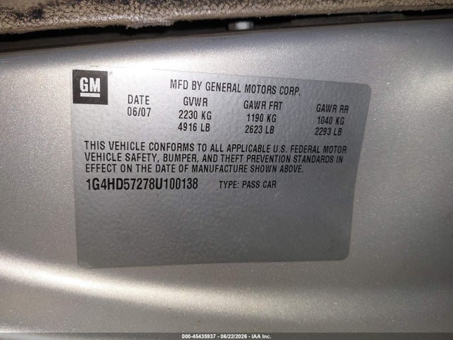 Продажа на аукционе авто 2008 Buick Lucerne Cxl, vin: 1G4HD57278U100138, номер лота: 45435937