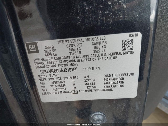 2010 Gmc Acadia Slt-2 მანქანა იყიდება აუქციონზე, vin: 1GKLVNED9AJ210166, აუქციონის ნომერი: 45435938