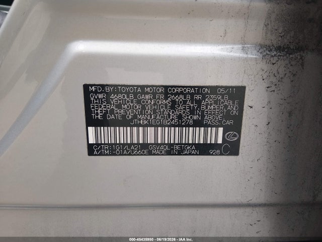45435950 :رقم المزاد ، JTHBK1EG1B2451278 vin ، 2011 Lexus Es 350 مزاد بيع