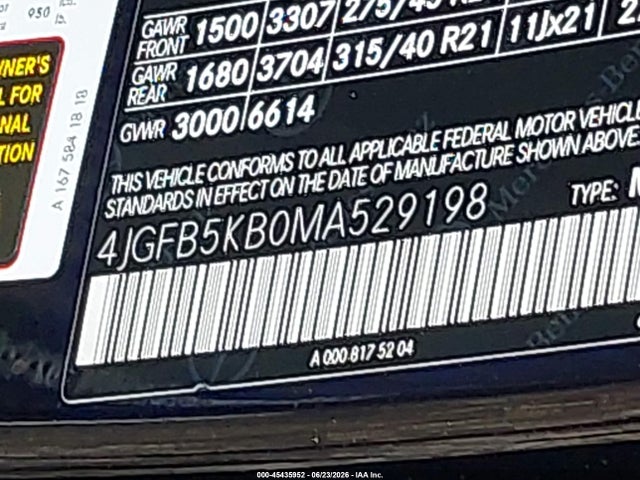 45435952 :رقم المزاد ، 4JGFB5KB0MA529198 vin ، 2021 Mercedes-benz Gle 450 4matic مزاد بيع